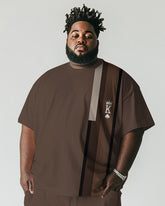 Men's Plus Size Brown Striped K Letter Print Short Sleeve T-Shirt Shorts Suit